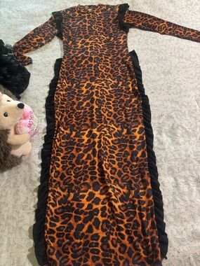 Leopard Print Long Sleeve Dress with Black Ruffle Trim